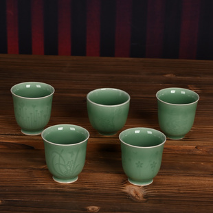 流转千年青瓷刻花小杯子半手工品茗杯陶瓷家用功夫茶具主人杯单杯