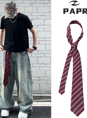 Papr能做腰带使用男女同款美式复古红色条纹领带Y2K手打vintage