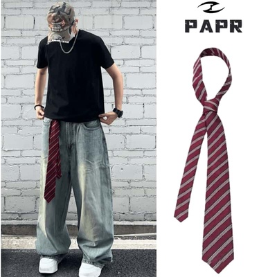 Papr能做腰带使用男女同款美式复古红色条纹领带Y2K手打vintage