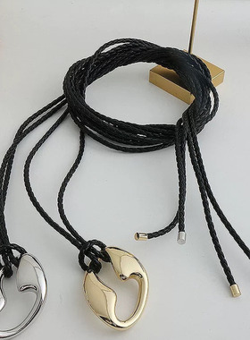 Papr文艺设计白色T字镂空吊钟黑色皮绳腰链细款2025打结无孔腰带