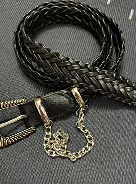 「不挑人」JieDa黑色编织西部复古皮革腰带免打孔皮带CLEANFIT