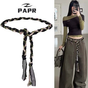 波西米亚绿黑色编织腰绳配饰女腰带装 裙子绳子串珠皮带 饰配牛仔裤