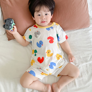 儿童家居服超薄款 套装 小孩空调服冰丝透气 宝宝睡衣男女童短袖 夏季