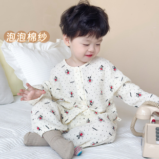 儿童睡衣春夏季男童棉麻纱布家居服宽松女童卡通长袖套装薄款开衫