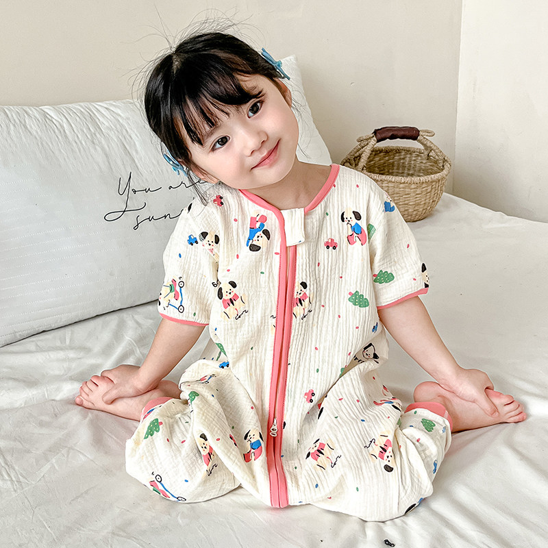 夏季儿童短袖睡衣连体小孩空调房睡袋宝宝棉麻纱布女童薄款家居服