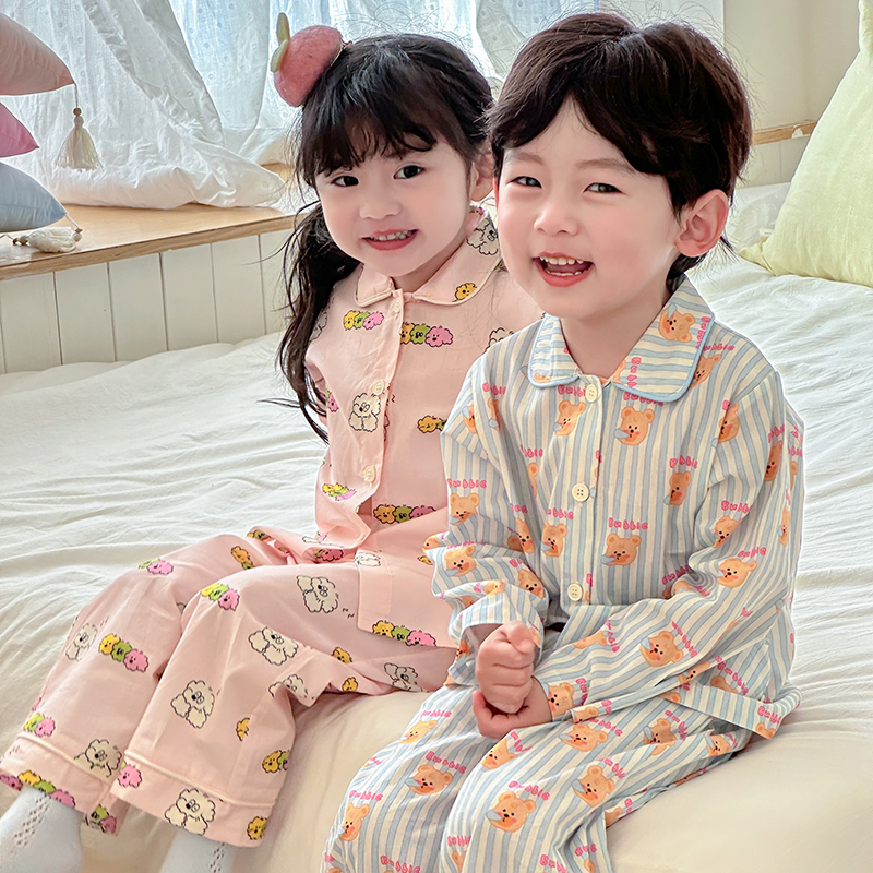 2025新款儿童家居服春季韩系男童女宝宝薄款睡衣纯棉卡通长袖套装