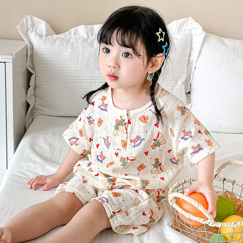 ins风亲子睡衣儿童夏季母女童家居服泡泡棉纱小孩子薄款短袖短裤