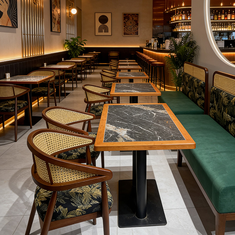 复古餐厅餐桌椅组合大理石台面藤编餐椅商用高级感休闲咖啡厅卡座