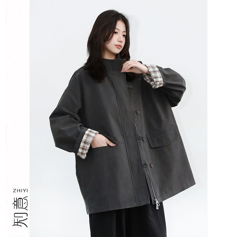 撞色格子宽松休闲立领廓形外套