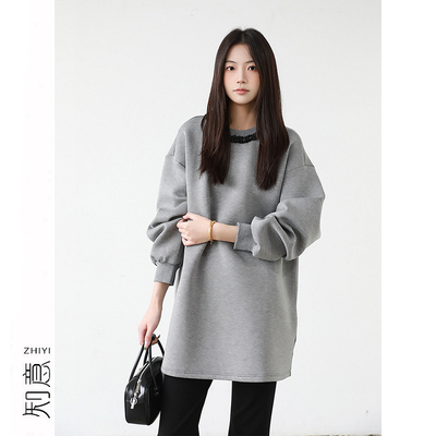 9.8】宽松休闲钉珠圆领卫衣中长款女秋季洋气高级感小个子连衣裙