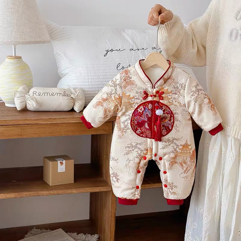 男宝宝中式唐装连体衣冬装夹棉加厚棉服婴儿喜庆满月百天周岁礼服