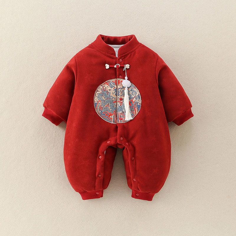 婴儿衣服秋冬装连体衣可爱男宝宝夹棉国风拜年服满月百天周岁礼服
