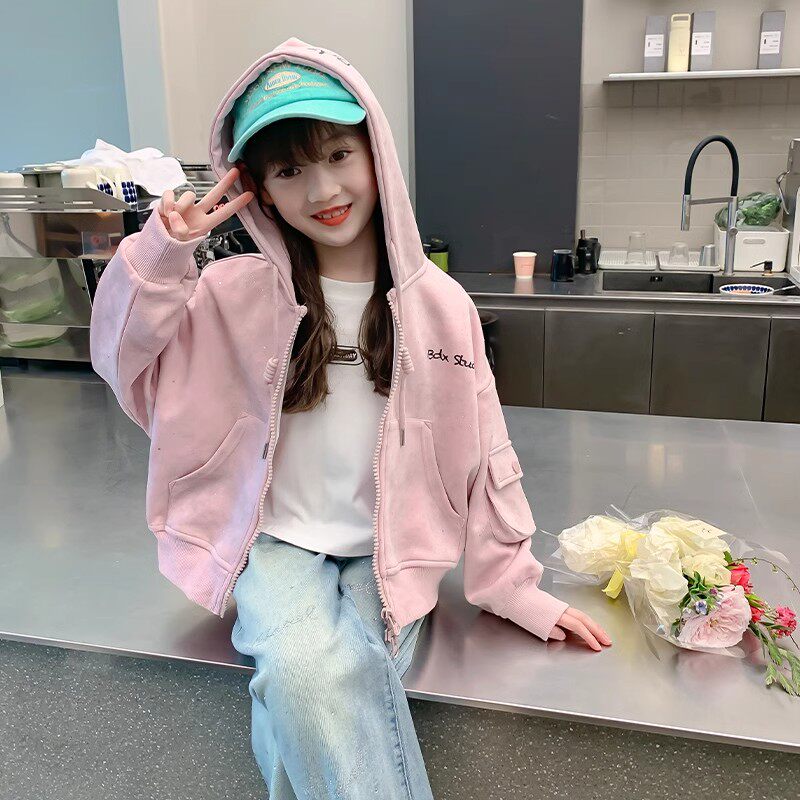 여아 재킷 봄 재킷 2024 새로운 아동 유행 봄 가을 후드 이른 봄 큰 아동 재킷