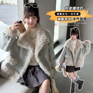 女童秋冬翻毛领外套加绒加厚中大儿童时髦洋气保暖皮毛一体大衣潮