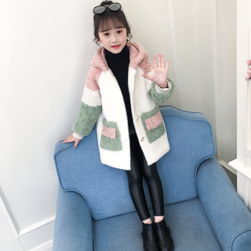 여자 중간 토끼 모피 코트 2022 가을 겨울 새로운 한국 스타일 벨벳 두꺼운 어린이 외국 스타일 코트 유행 울 스웨터