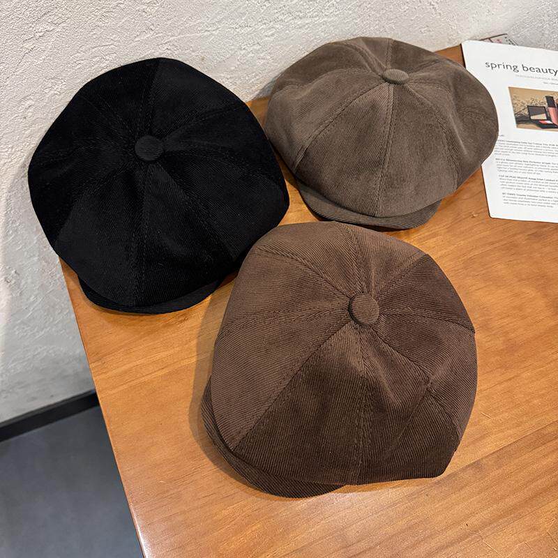 韩国秋冬新款灯芯绒八角贝雷帽子男女英伦街头显脸小保暖鸭嘴帽潮