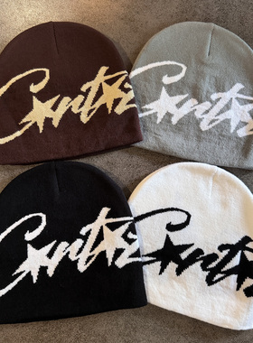 秋冬新款欧美小众针织帽女冬季保暖套头冷帽街头凹造型黑色毛线帽