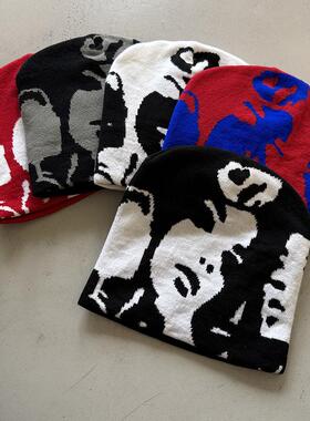 欧美外贸黑色毛线帽子秋冬女街头嘻哈人面提花流行针织保暖冷帽男