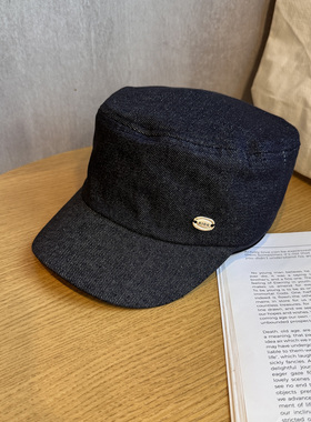 时尚老钱风深蓝色牛仔平顶帽女夏季复古英伦风遮阳鸭舌帽子马术帽