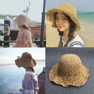 潮可折疊手工大沿草帽女夏天百搭小清新海邊度假防曬遮陽帽子 韓版