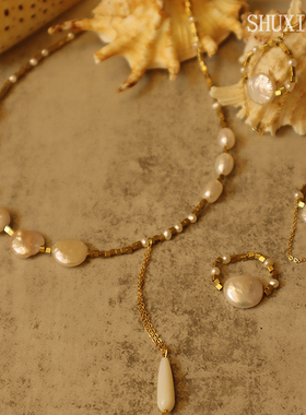 舒晓集原创设计【伴月]系列珍珠贝母项链耳环戒指全新女