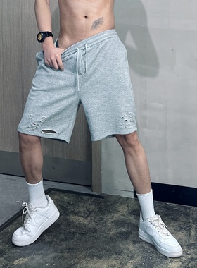 青叔2056欧美高街破洞潮流时尚灰裤衩子宽松休闲短裤ins运动短裤