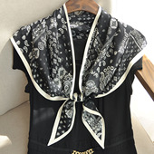 黑色三角巾丝巾女披肩外搭2025新款 系腰 复古腰果花头巾春秋百搭款