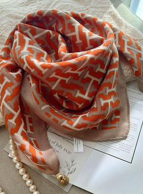 棉麻磁吸扣小丝巾方巾女字母H印花橙色春秋百搭护颈脖子百搭韩版