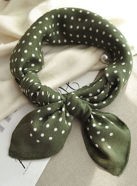 绿色波点棉麻丝巾小方巾女春秋护颈百搭小围巾2025年新款小领巾