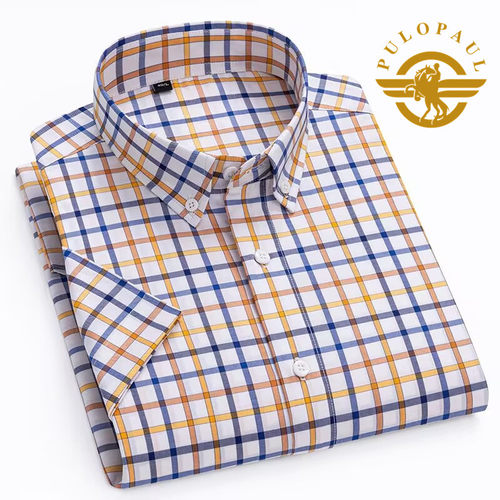 保罗100%纯棉男士短袖衬衫格子薄