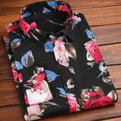 男士 修身 花衬衫 夏季 长袖 韩版 印花潮流帅气港风复古薄款 碎花衬衣男