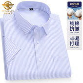 大码 保罗夏季 男中老年商务休闲条纹全棉衬衣半袖 衬衫 100%纯棉短袖