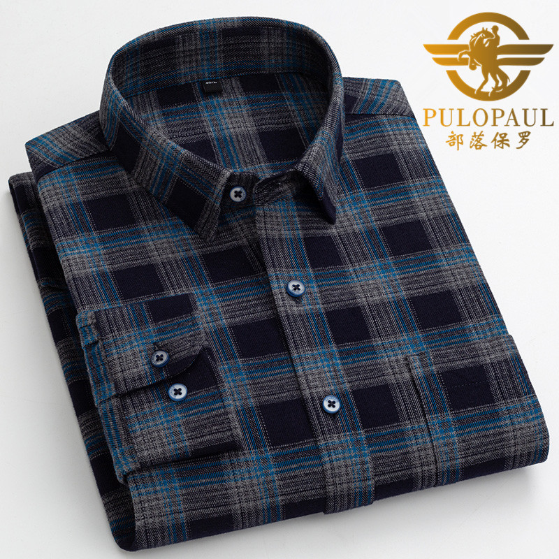部落保罗纯棉男衬衫磨毛格子中年