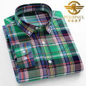 男士 长袖 格子春秋季 保罗全棉衬衫 青年宽松牛津纺纯棉衬衣潮流衫 衣