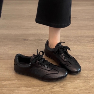 羊皮版~2026新款复古风方头系带德训鞋女款平底休闲运动鞋阿甘鞋