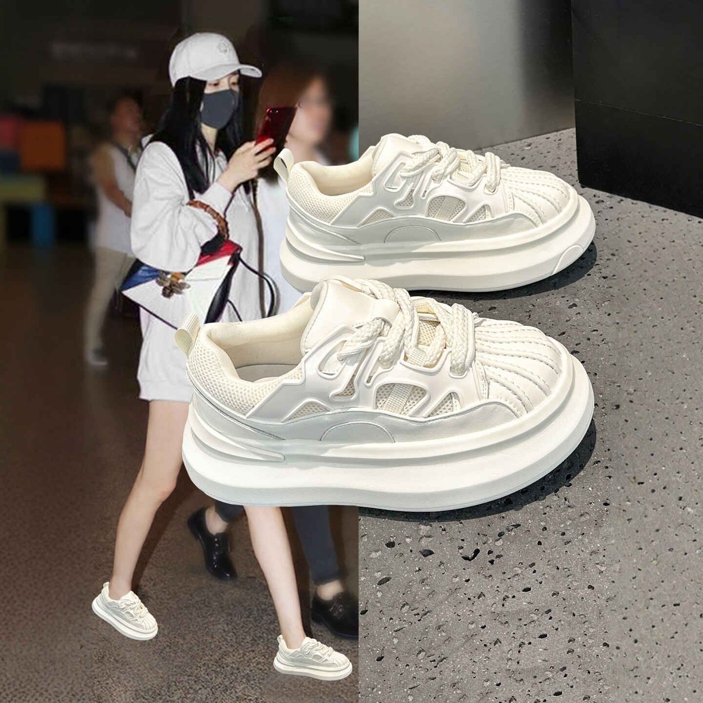 超火贝壳头小白鞋女2026春季新款百搭巨好看厚底增高运动休闲单鞋
