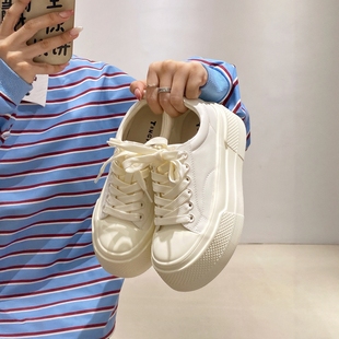 真皮休闲运动松糕增高加绒大头软牛皮白色小个子厚底小白鞋板鞋女