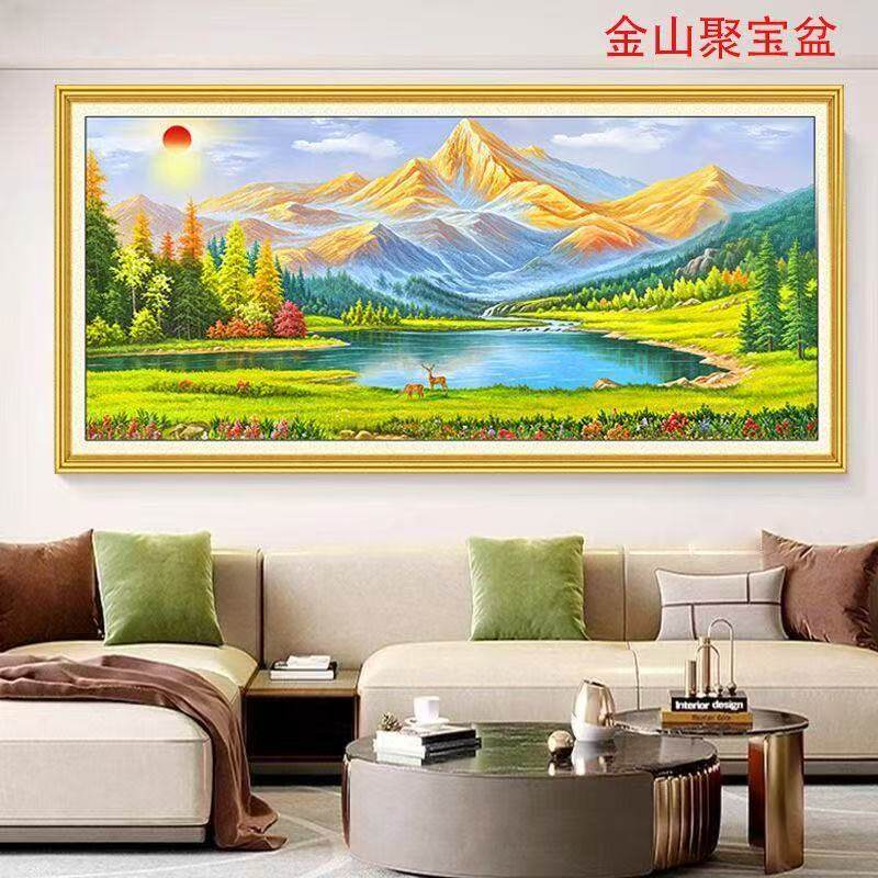 招财金山聚宝盆山水风景画客厅沙发背景自粘装饰画床头墙壁贴纸画