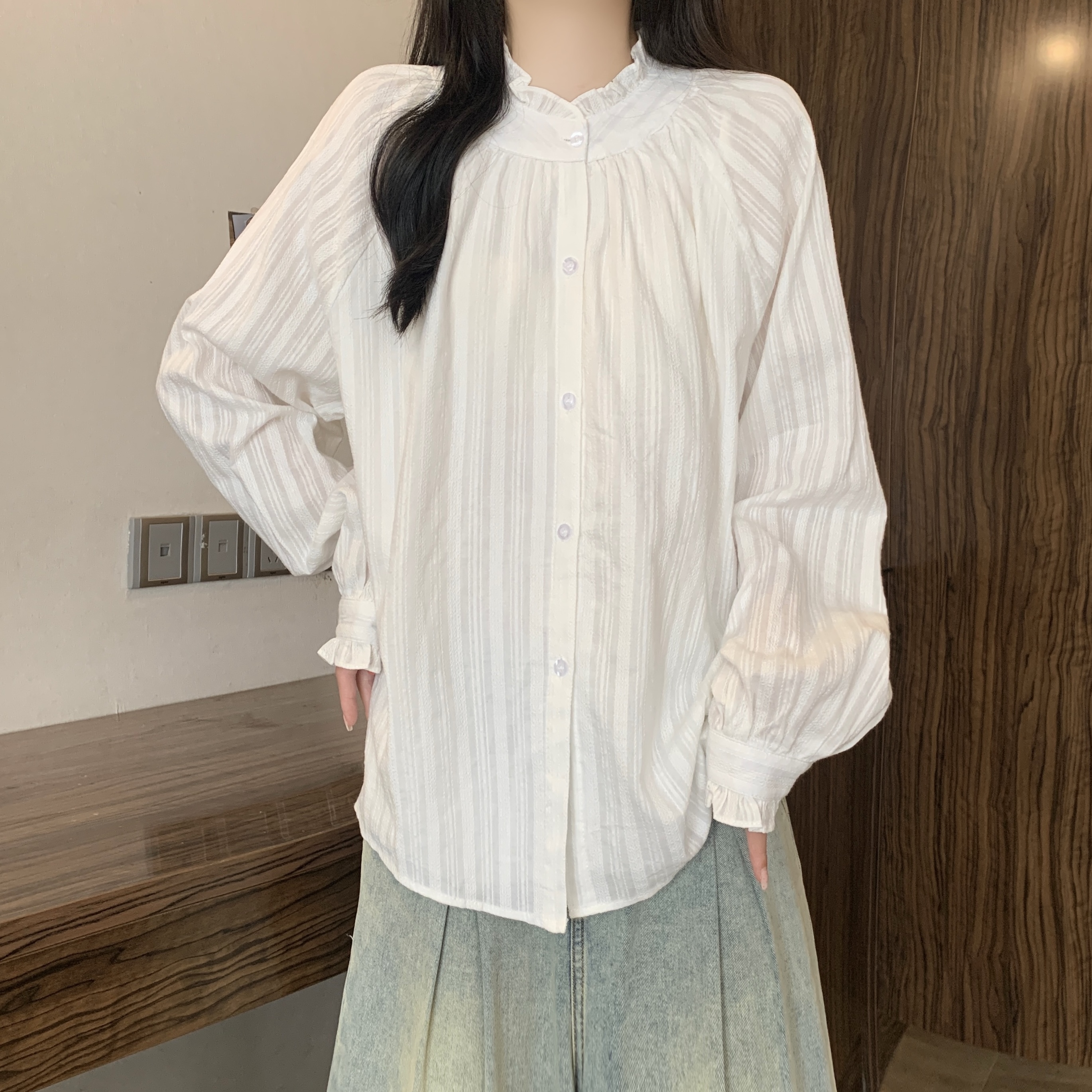 实拍~2025年秋季新款大码提花宽松刺绣长袖衬衣衬衫女