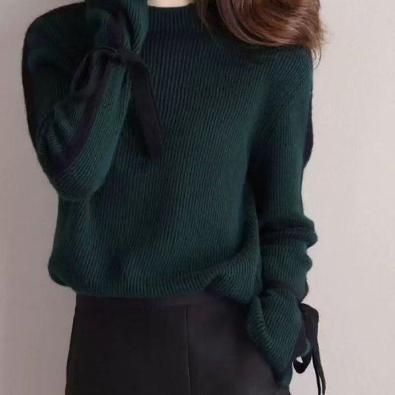 欧货高档2025新款设计感小众时尚气质飘带毛衣宽松百搭打底针织衫