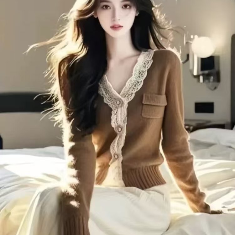 美拉德棕色蕾丝边V领毛衣针织开衫秋冬季女装独特别致高级感上衣