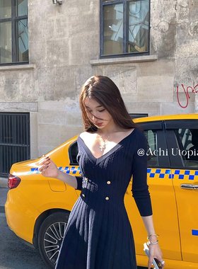 韩国ACHI大也池balman绞花藏青v领小香针织连衣裙女短款a字裙子