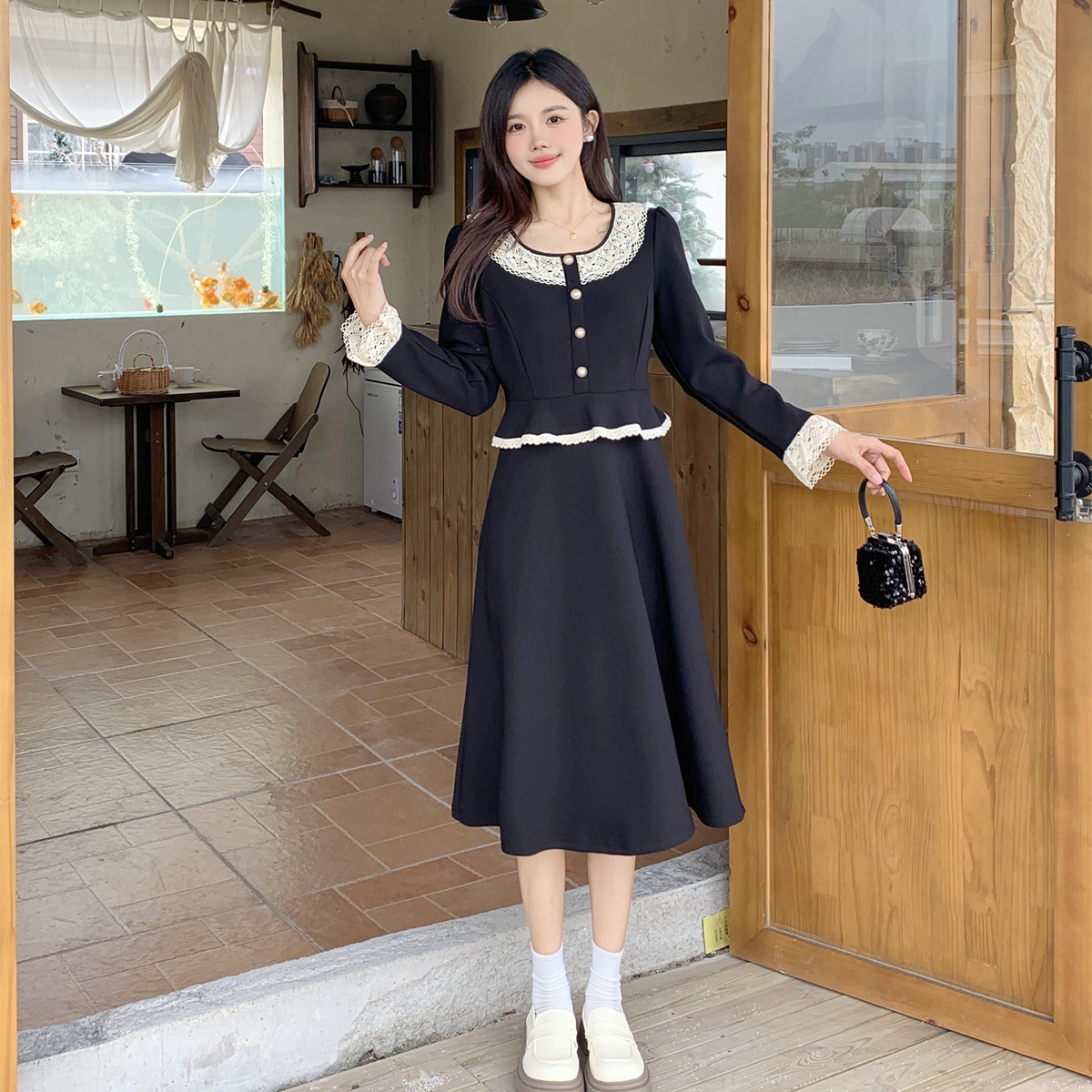 实拍大码女装胖MM收腰显瘦长袖春夏连衣裙简约韩版甜美A字裙