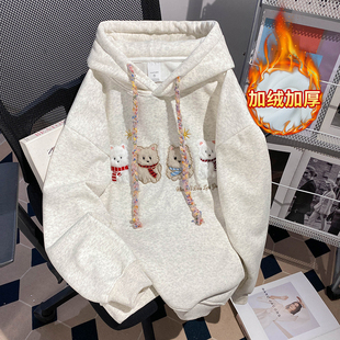 实拍纯棉华棉复合真超加绒卫衣女秋冬新款 刺绣花宽松连帽保暖上衣