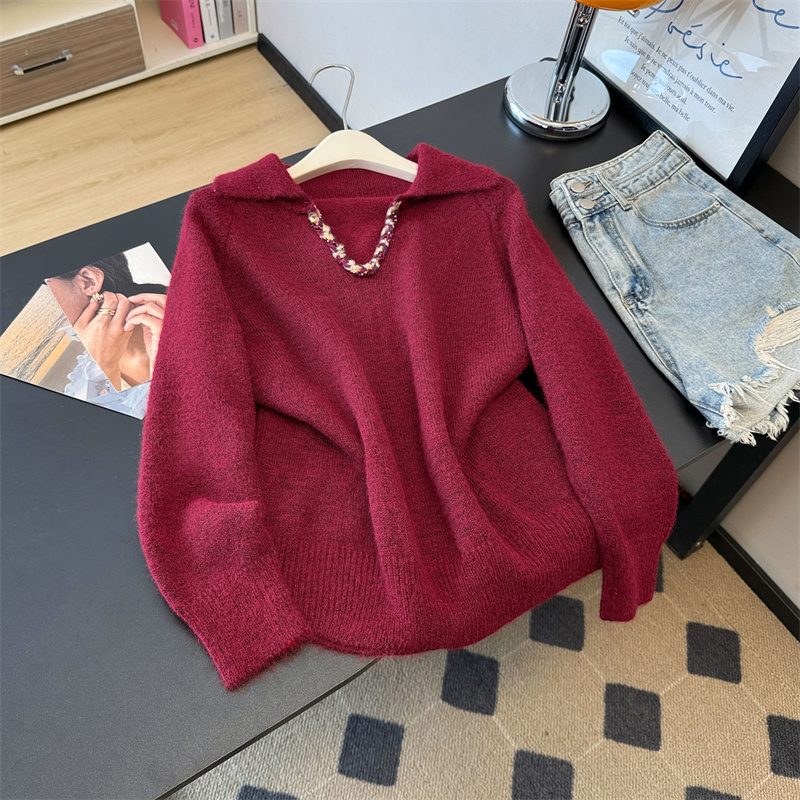 独特漂亮圣诞红色V领亮片针织衫女秋冬季高级感超好看的毛衣