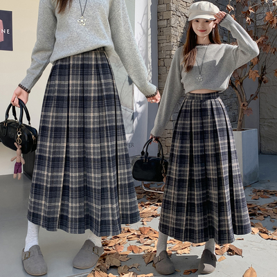 毛呢格子半身裙女秋冬高腰显瘦a字裙休闲中长款百褶裙