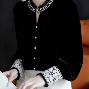 新中式 女 国风黑色复古丝绒上衣设计感秋冬独特超好看显瘦打底衬衫