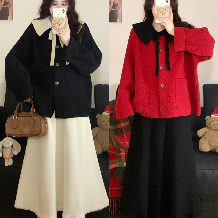 实拍大码冬季韩版高级感娃娃领加厚针织毛衣外套+针织半身裙套装