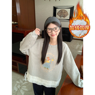 实拍纯棉华棉复合真超加绒卫衣女秋冬新款 潮卡通宽松圆领保暖上衣