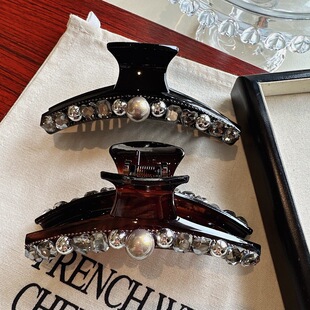 高级感水钻珍珠抓夹大号发夹后脑勺时尚鲨鱼夹头饰发抓网红款发卡